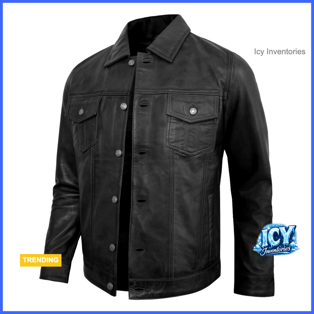 Real Lambskin Leather Jacket Men Vintage Trucker Polo Collar
